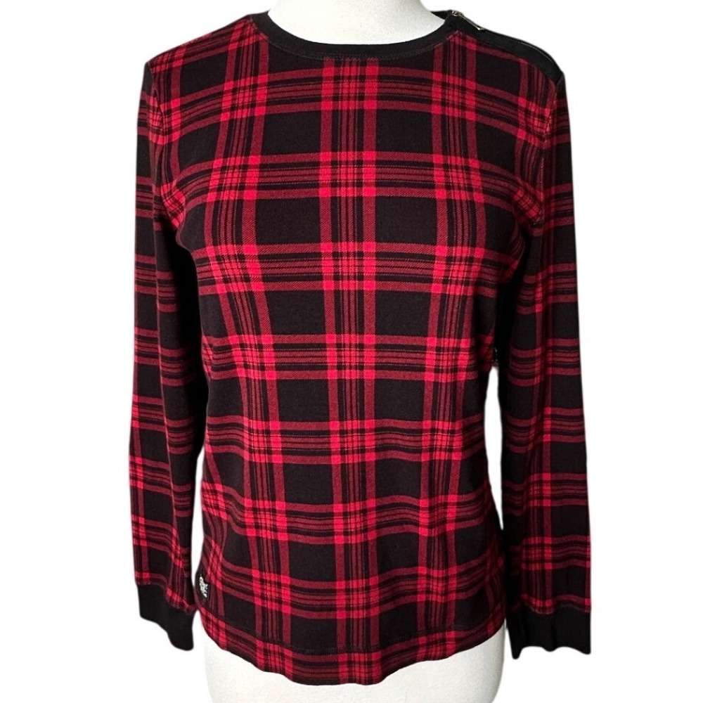 Lauren Ralph Lauren Plaid Top Red Black Shoulder Zip Elbow Patch Size L
